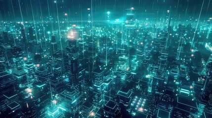 Obraz premium Futuristic night cityscape with glowing skyline and metaverse background, top view