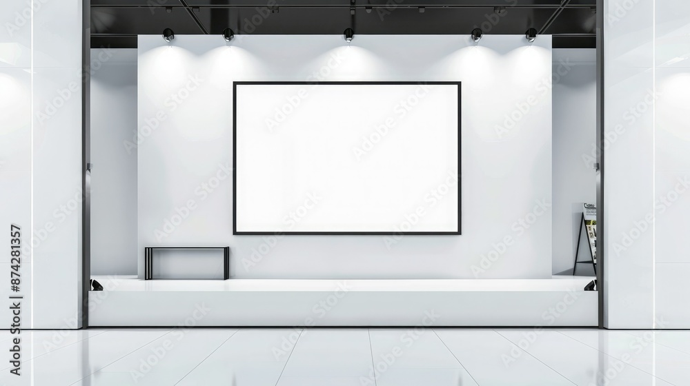Poster A blank booth system with a minimalist frame and a large backdrop for high-visibility graphic displays. 