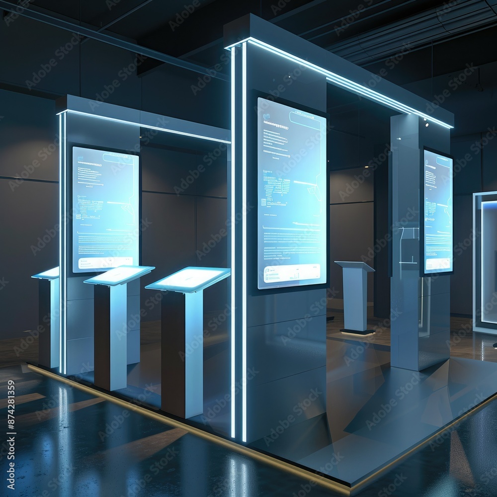 Aufkleber A 3D render of a blank booth system with interactive elements, such as touch screens or digital displays. 