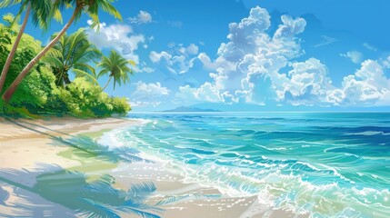 Fototapeta premium Design a picturesque beach scene with clear blue waters and palm trees. 