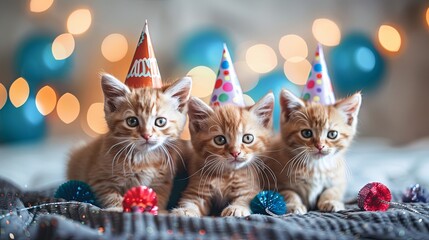Adorable kittens in party hats with cat toys, celebrating International Cat Day, embracing the charm of feline festivity