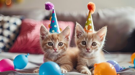 Adorable kittens in party hats with cat toys, celebrating International Cat Day, embracing the charm of feline festivity