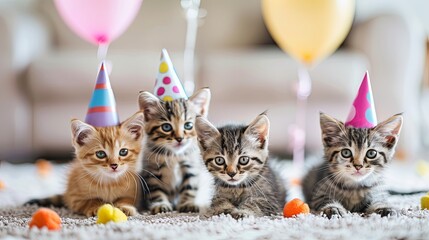 Adorable kittens in party hats with cat toys, celebrating International Cat Day, embracing the charm of feline festivity