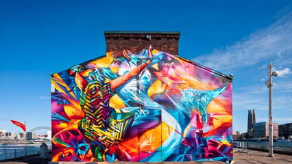 Fototapeta premium Colorful mural graffiti on a building in a city street 