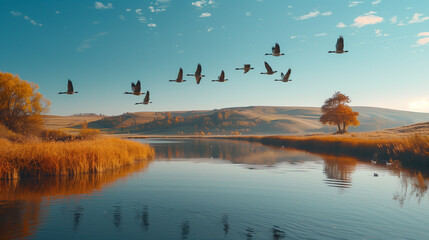 Naklejka premium Geese flying in orderly formation across a clear blue sky, with a serene lake and rolling hills in the background, evoking a tranquil and harmonious setting.