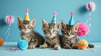 Adorable kittens in party hats with cat toys, celebrating International Cat Day, embracing the charm of feline festivity