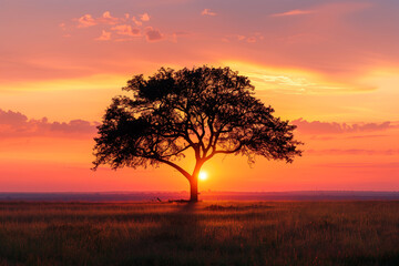 A lone tree at sunset, creating a peaceful atmosphere.