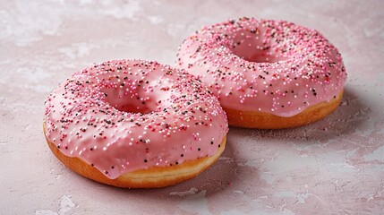 Donuts with sprinkles on pink background. Sugar, sweets, snack, junk food concept. Top view.
