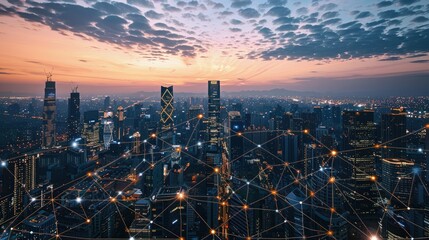Fototapeta premium Modern city at dusk with communication network lines, telecommunication and connectivity concept