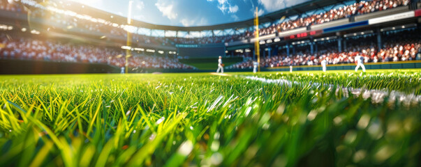 A baseball field with a game in progress, players in action, and the crowd cheering. The vibrant green grass, bright uniforms, and dynamic scene capture the energy of America's favorite pastime.