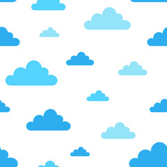 Seamless pattern of blue clouds on a white background