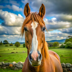 Obraz premium Close-up portrait of a horse with a scenic countryside background