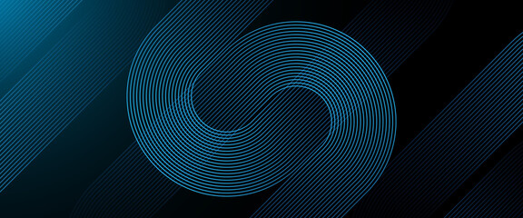 Blue abstract background with glowing geometric lines. Shiny blue diagonal rounded lines pattern. Futuristic technology concept.