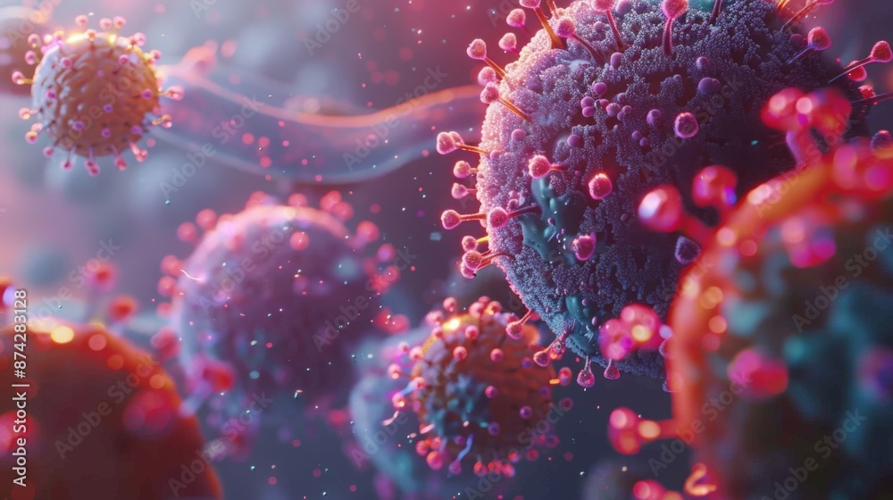 Poster a close-up view of a coronavirus particle, showing its spikes and intricate structure. the image is 