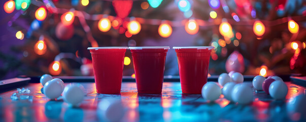 A beer pong setup with red cups and ping pong balls, set against a party backdrop with colorful lights and decorations.