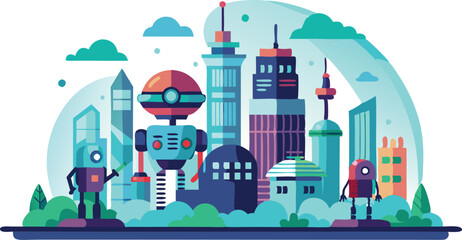 Fototapeta premium A cityscape with robots and buildings