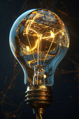 a light bulb that is glowing with light, in the style of cyberpunk futurism, dark sky-blue and gold,