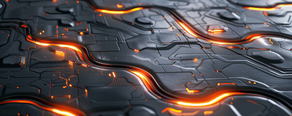 A brushed metal surface with a futuristic design, featuring a network of embossed lines and glowing orange accents that suggest energy flow.