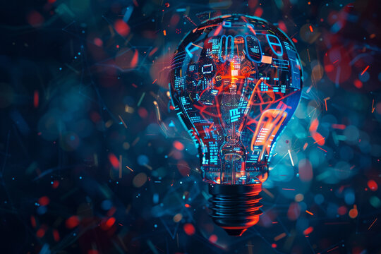An image of a lightbulb filled with digital elements (like circuit patterns or binary code)