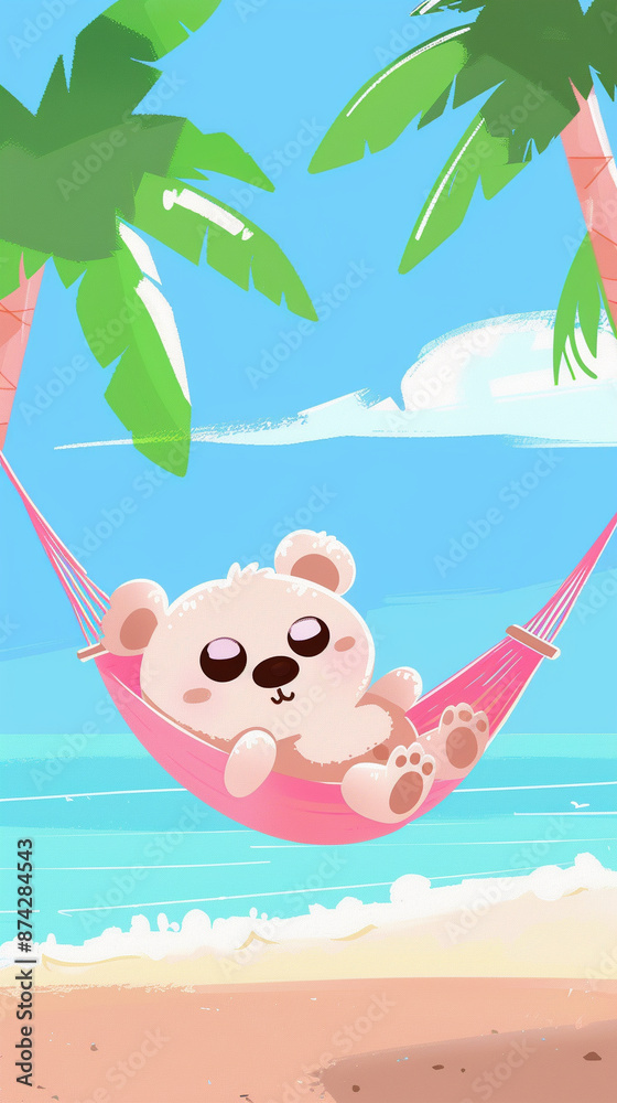 Poster a cute cartoon bear is resting in a pink hammock on the beach, with two big, light-colored eyes.