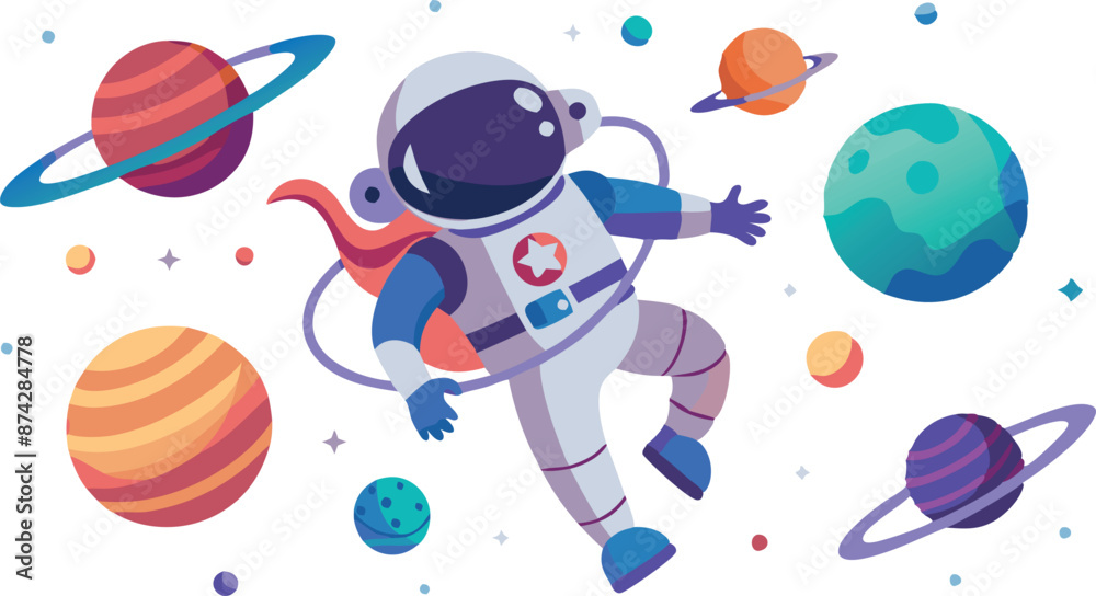 Wall mural A cartoon astronaut is floating in space with a red star on his helmet