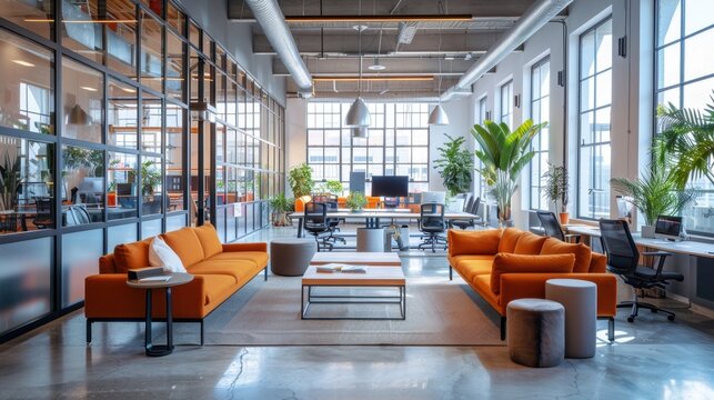 A sleek startup office with an open-concept design and creative breakout areas. 