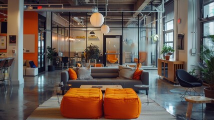 A sleek startup office with an open-concept design and creative breakout areas. 