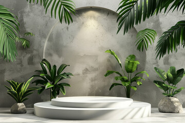 Contemporary White Podium Stage Rack with Green Stone and Tropical Leaves Background