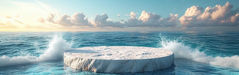 A podium for product advertising, a stone round podium on the background of water, ocean with splashes of waves and water