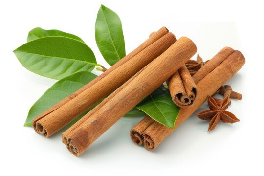 Ceylon cinnamon sticks and fresh cinnamon leaves isolated on white  cinnamon