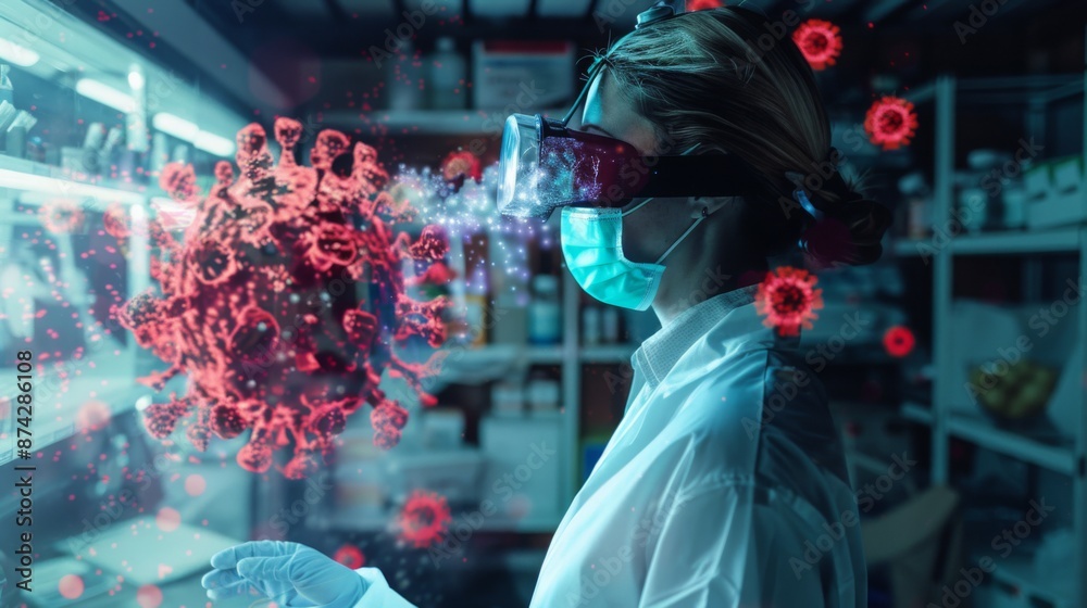 Poster a scientist in a lab, wearing a face mask and protective goggles, uses technology to examine a 3d mo