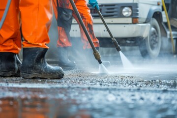 Deep cleaning under high pressure. Workers cleaning driveway with pressure washer, professional cleaning service