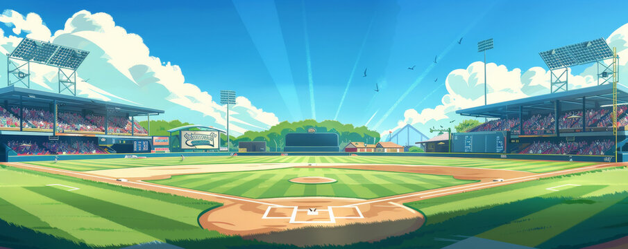A classic baseball field under a clear blue sky, with neatly trimmed grass, a well-maintained infield, and the iconic diamond shape. The stands are filled with cheering fans, capturing the excitement