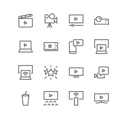 Set of cinema and video icons, movie, video clip, tv and linear variety vectors.	

