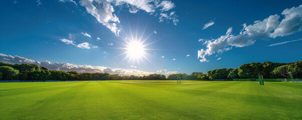 Fototapeta premium A cricket field under a brilliant sun, with lush green grass on the outfield and pitch, and a deep blue sky with a few fluffy clouds, perfect for a game of cricket.