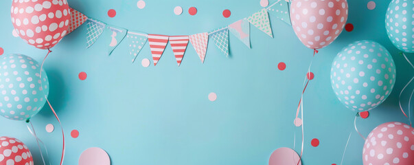 A cut-out paper banner with balloon patterns, layered on a light blue background, creating a festive and celebratory visual.