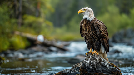 A majestic bald eagle on a river rock, with flowing water and forested banks in the backdrop, presenting a powerful and inspiring natural vista.

