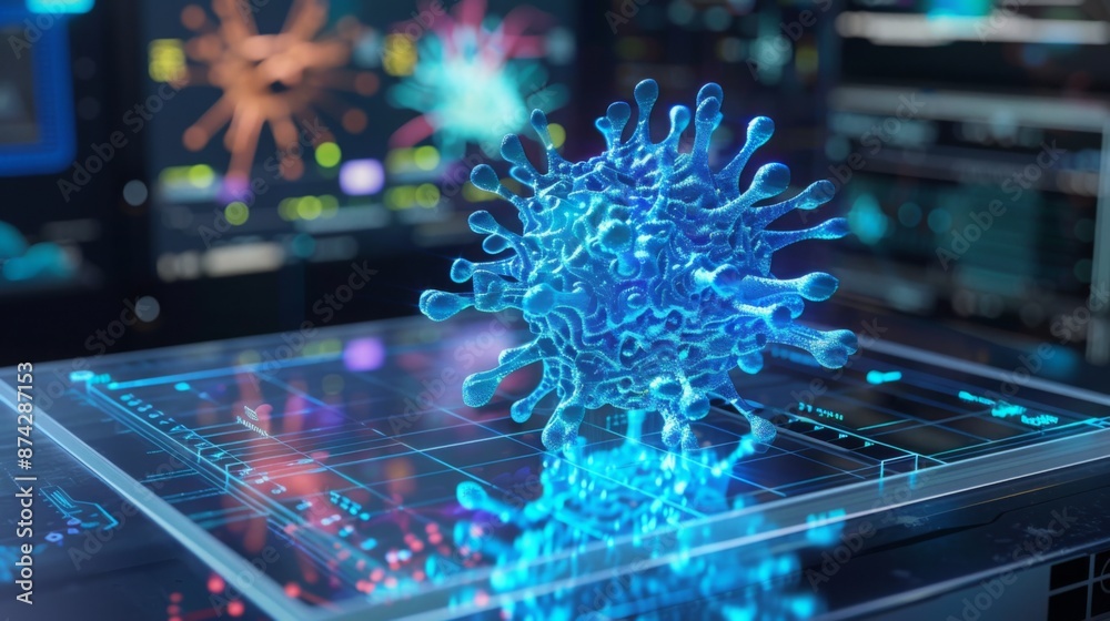 Poster a digital model of the coronavirus sits on a digital screen. the screen is made of glass and has glo
