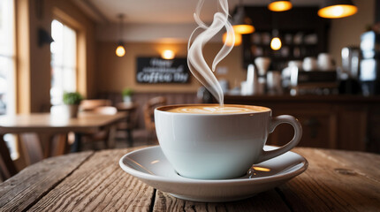 Cup of coffee with steam rising sits on wooden table in cafe setting. International coffee day