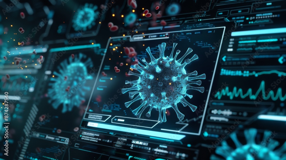 Poster A digital representation of a coronavirus on a computer screen with various graphs and data in the background.
