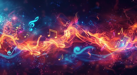 Fototapeta premium Musical notes and symbols, illuminated by the glow from an explosion or fire in shades of orange and blue.