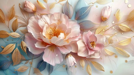 blue and pink pastel painted flowers over white background.