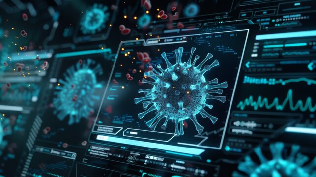 A digital representation of a coronavirus on a computer screen with various graphs and data in the background.