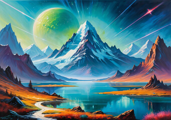 A painting of a mountain lake with a mountain in the background. Generative AI.	