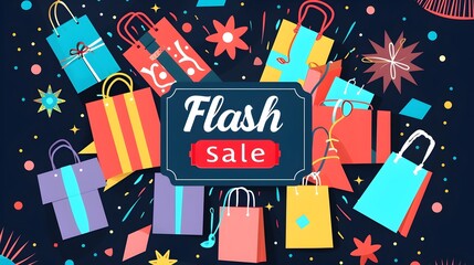 Flash Sale Promotion with Shopping Icons and Exclusive Discount Offer