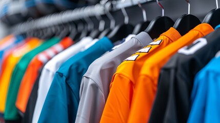 Assortment of team sports uniforms and jerseys in various colors and styles, hanging on a rack with sports equipment visible in the background