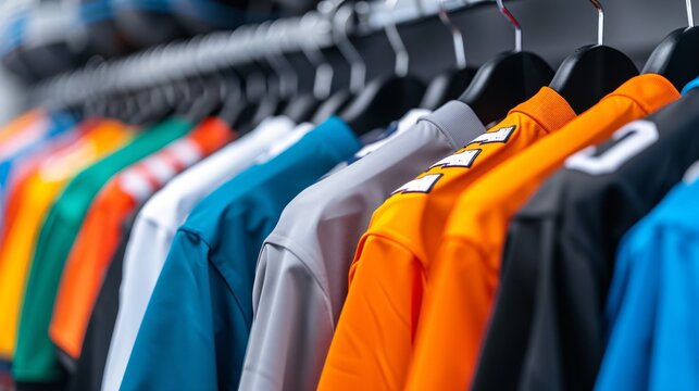 Assortment of team sports uniforms and jerseys in various colors and styles, hanging on a rack with sports equipment visible in the background