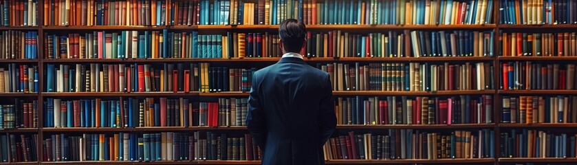 Man in a suit standing in front of a large bookshelf filled with books, symbolizing knowledge, learning, and intellectual pursuit in a library.