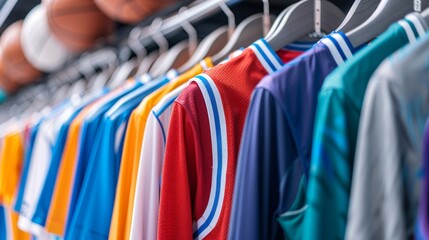Assortment of team sports uniforms and jerseys in various colors and styles, hanging on a rack with sports equipment visible in the background