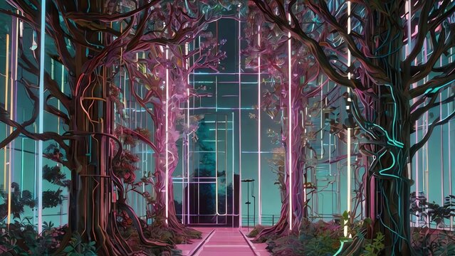In a retro-futuristic digital garden, neon vines of pixelated code intertwine with holographic flowers that flicker between pastel hues in a gouache copy space